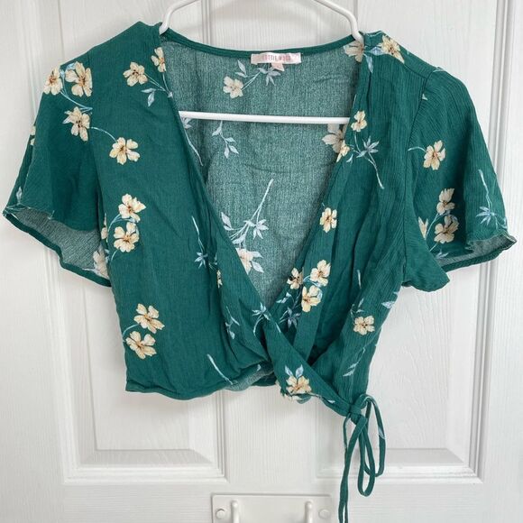 LOTTIE MOSS Faux Wrap Green Floral Flutter Sleeve Crop Top Women’s Size S - Picture 1 of 6
